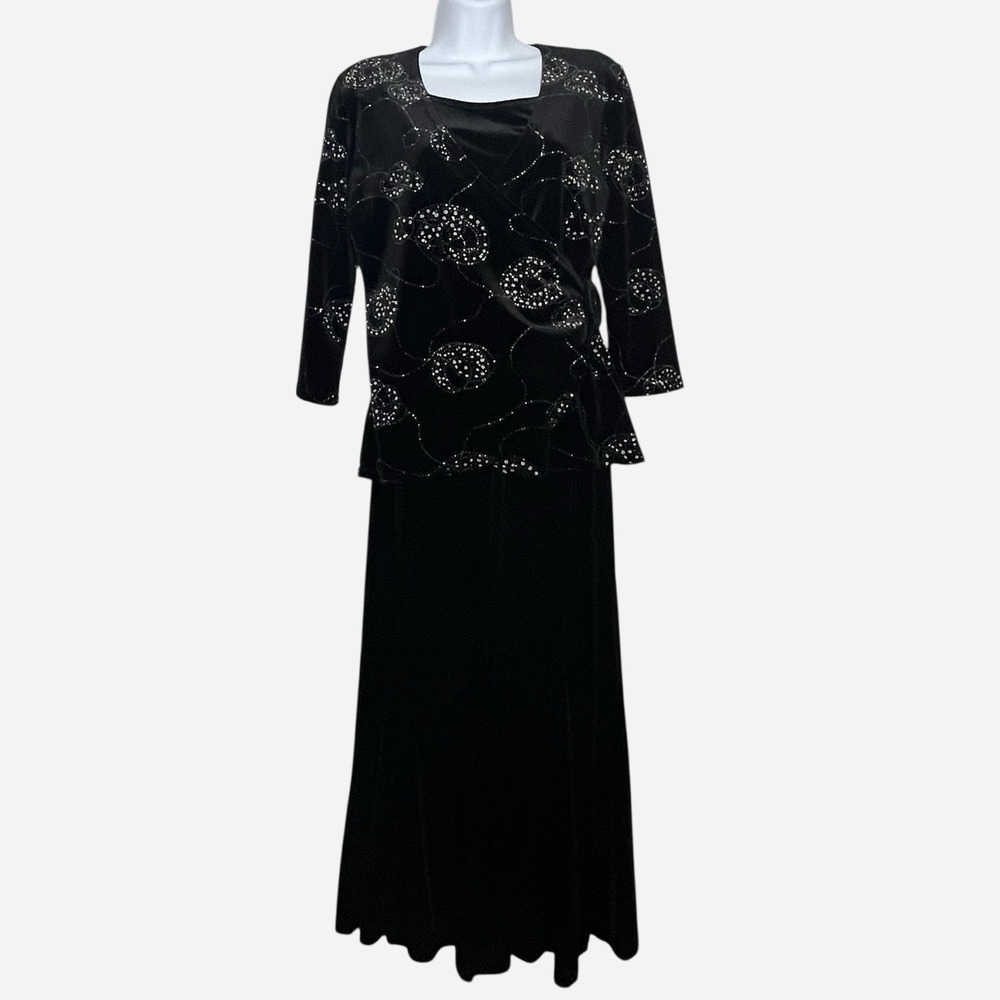 Choices Black Velvet 2 Piece Top‎ Skirt Set Dress Small Rhinestones Embroidered